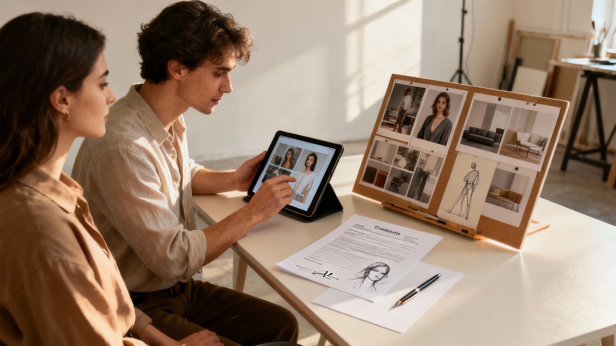 An artist's hands carefully sketching a portrait on a canvas, with reference photos nearby.