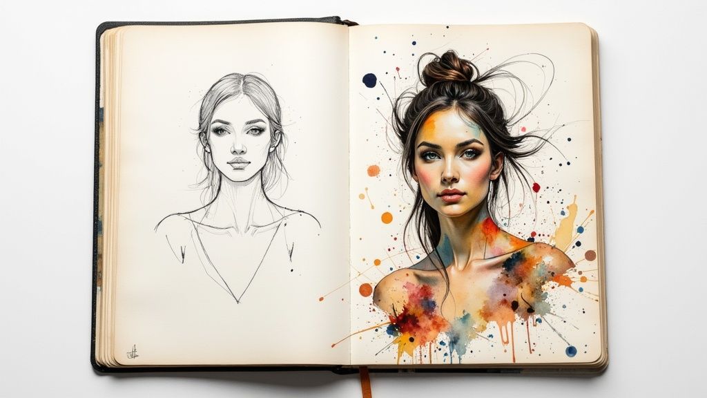 An artist's palette with vibrant oil paints, a delicate watercolor set, and charcoal pencils, representing the different mediums for a portrait.