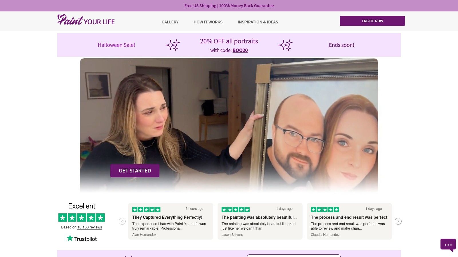 PaintYourLife website showing a gallery of custom portraits and highlighting their 100% hand-painted guarantee.