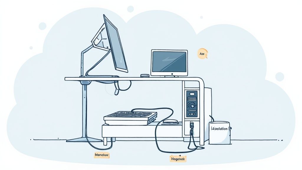 Detaillierte Illustration eines aufgeräumten Computer-Arbeitsplatzes mit Monitoren und Zubehör.