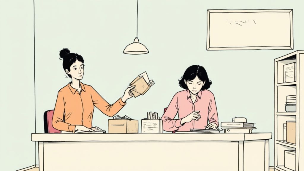 Illustration: Zwei Frauen arbeiten an einem Schreibtisch im Büro, eine überreicht der anderen Dokumente.