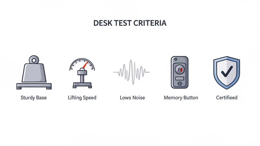 Infografik: Die fünf wichtigsten Testkriterien für höhenverstellbare Schreibtische, einschließlich Stabilität, Geschwindigkeit und Zertifizierung.
