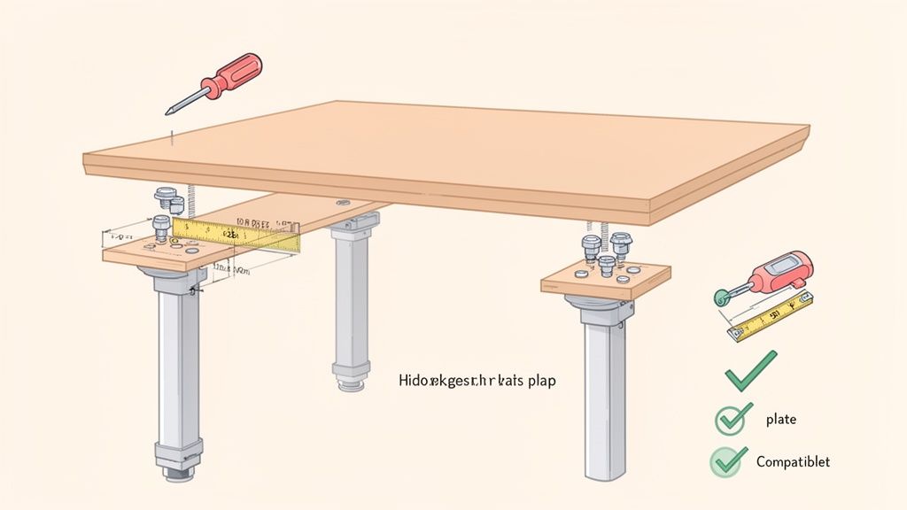 Anleitung zur Montage eines Tisches mit elektrisch höhenverstellbaren Tischbeinen, inklusive Schrauben, Werkzeug und Maßband.