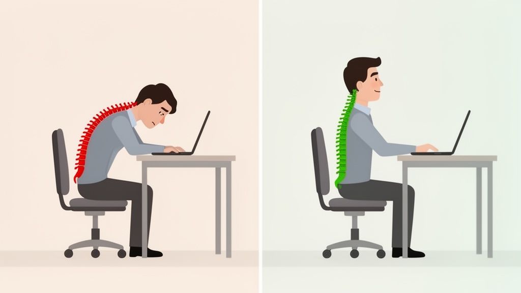 Slechte versus goede houding aan het bureau met laptop, de wervelkolom is rood of groen gemarkeerd.