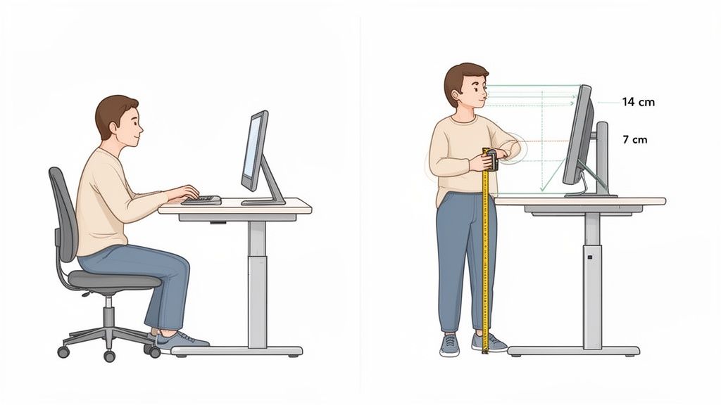 Ergonomische Schreibtisch-Anleitung: Mann sitzt und steht korrekt am höhenverstellbaren Schreibtisch mit Monitor-Maßen.