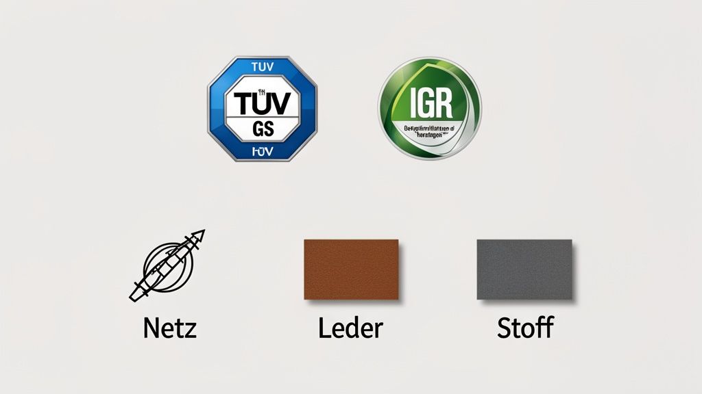 TÜV GS und IGR Zertifizierungslogos, zusammen mit Netz-, Leder- und Stoffmaterialoptionen für Bürostühle.