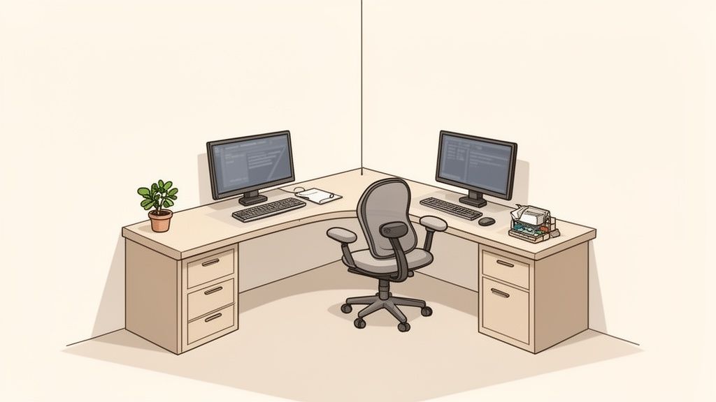 Detaillierte Illustration eines Eckschreibtisches mit Computern, Bürostuhl, Zimmerpflanze und Vintage-Schreibmaschine in einem leeren Raum.