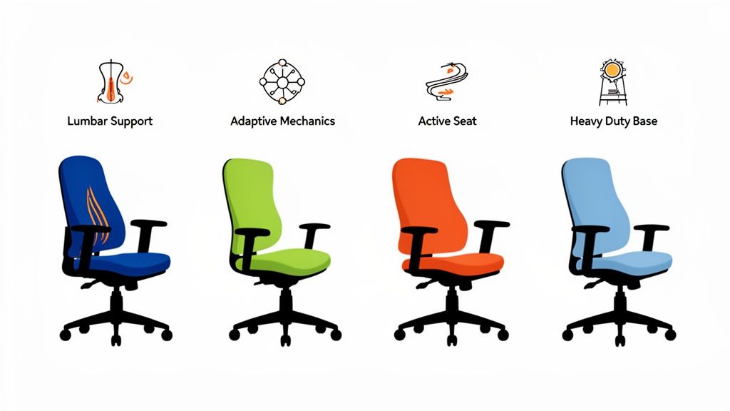 Vier ergonomische Bürostühle in Blau, Grün, Orange und Hellblau, die verschiedene Funktionen wie Lendenwirbelstütze und adaptive Mechanik hervorheben.