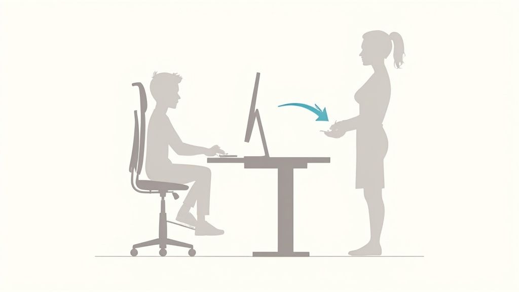 Eine Person stellt die Armlehne ihres Bürostuhls ein.