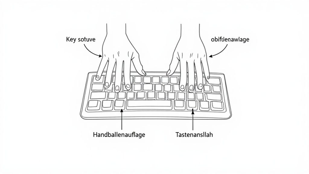 Hände tippen auf einer Tastatur, mit Beschriftungen für Handballenauflage und Tastenanschlag, die ergonomische Haltung zeigen.