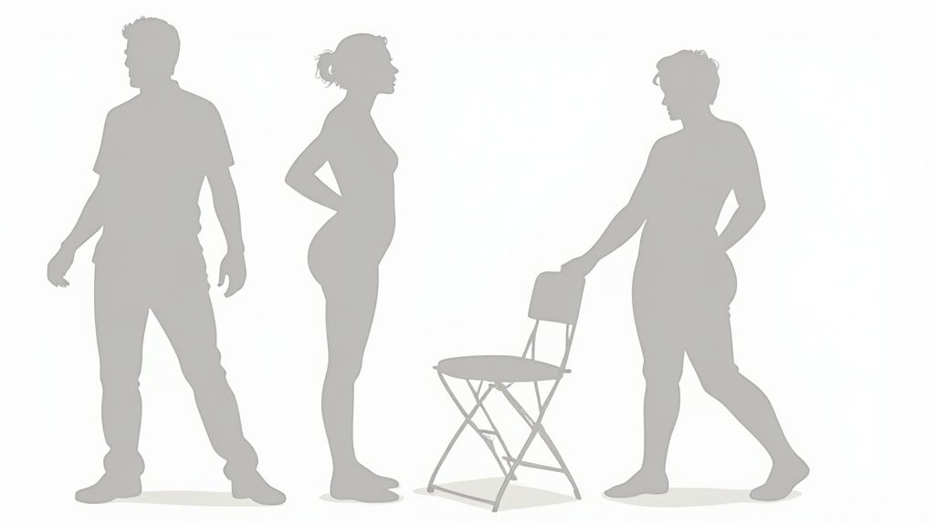 Silhouetten von drei Menschen in verschiedenen Körpergrößen stehen neben einem Klappstuhl zur Größenveranschaulichung