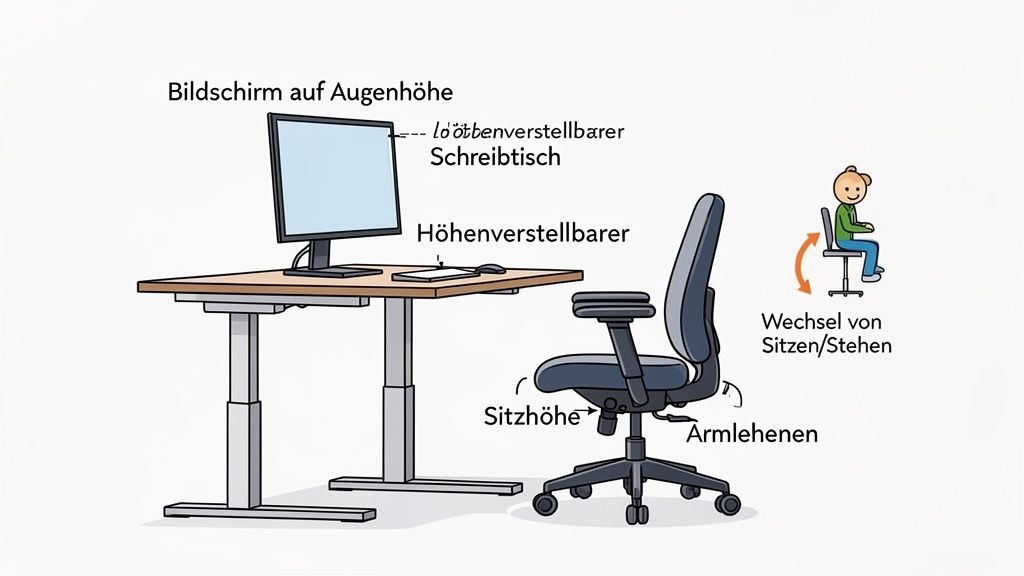 Bildschirm auf Augenhöhe, höhenverstellbarer Schreibtisch und Stuhl für ergonomisches Arbeiten und Wechsel zwischen Sitzen/Stehen.