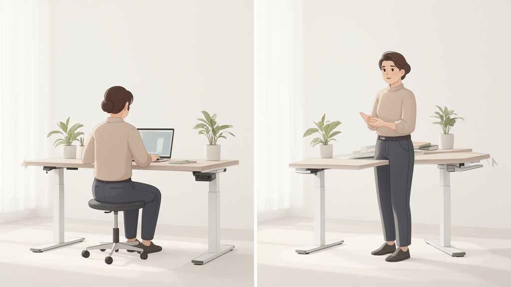 Een vrouw gebruikt een in hoogte verstelbaar bureau, zittend aan de laptop en staand in een gesprek.