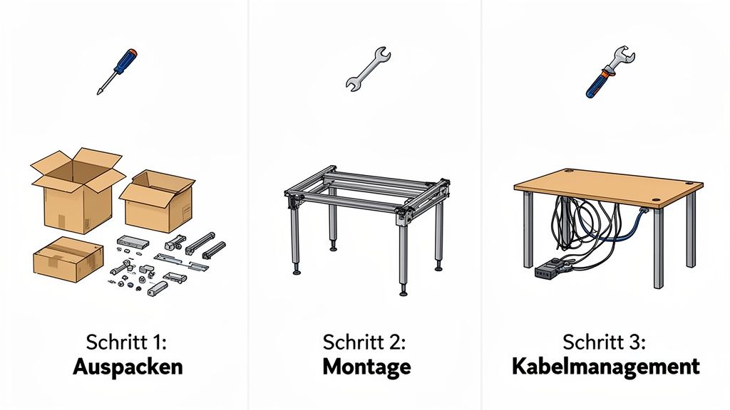 Illustriert die drei Schritte zum Aufbau eines höhenverstellbaren Tischgestells und zum Kabelmanagement.