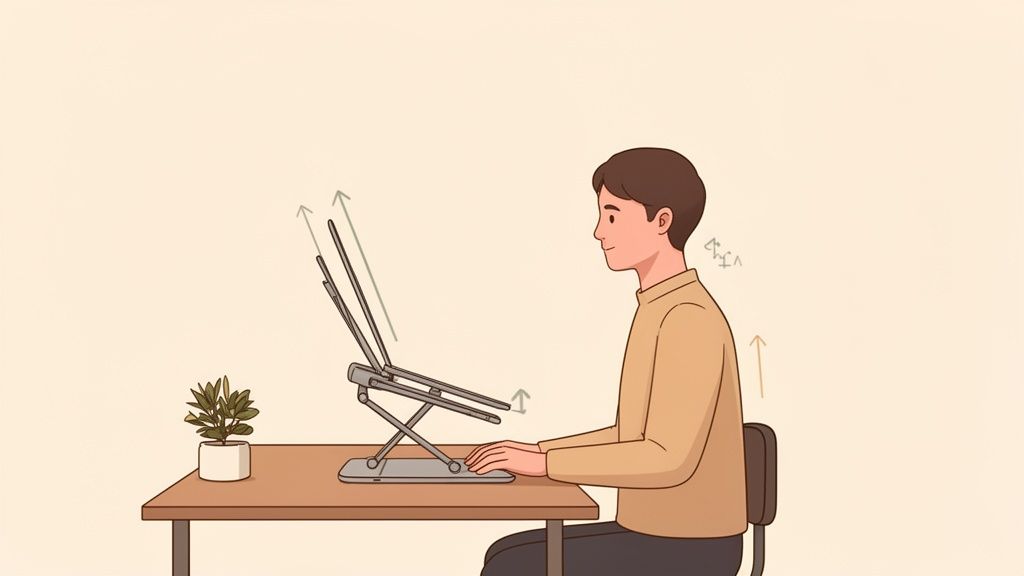 Ergonomischer Arbeitsplatz mit höhenverstellbarem Laptop-Ständer für korrekte Körperhaltung und Komfort.