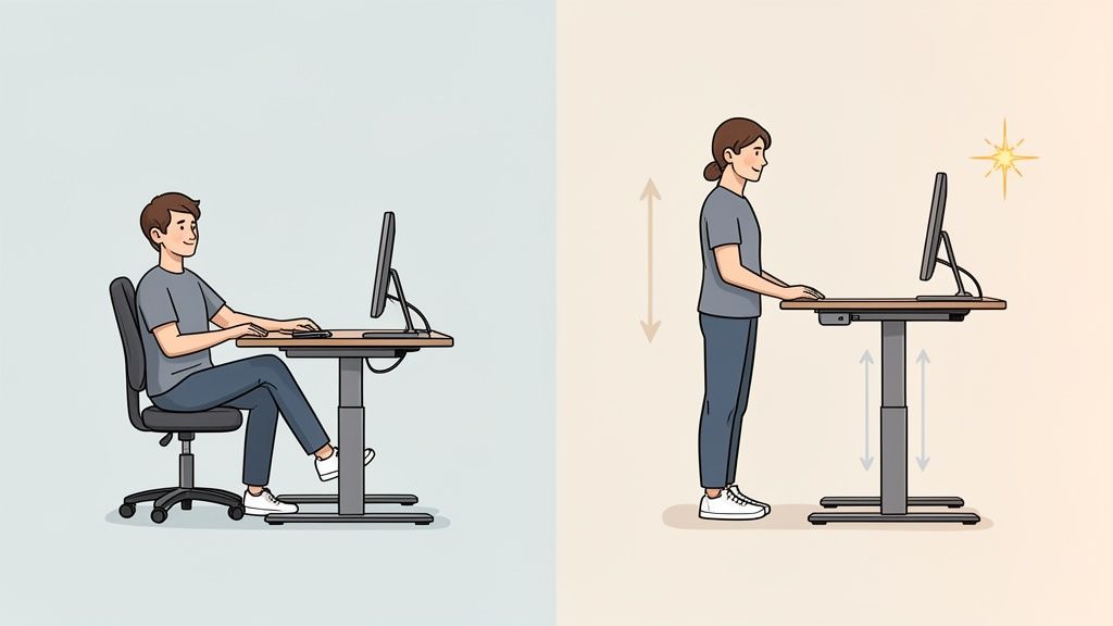 Eine Person sitzt am Schreibtisch, eine andere steht an einem höhenverstellbaren Tisch mit Monitor.