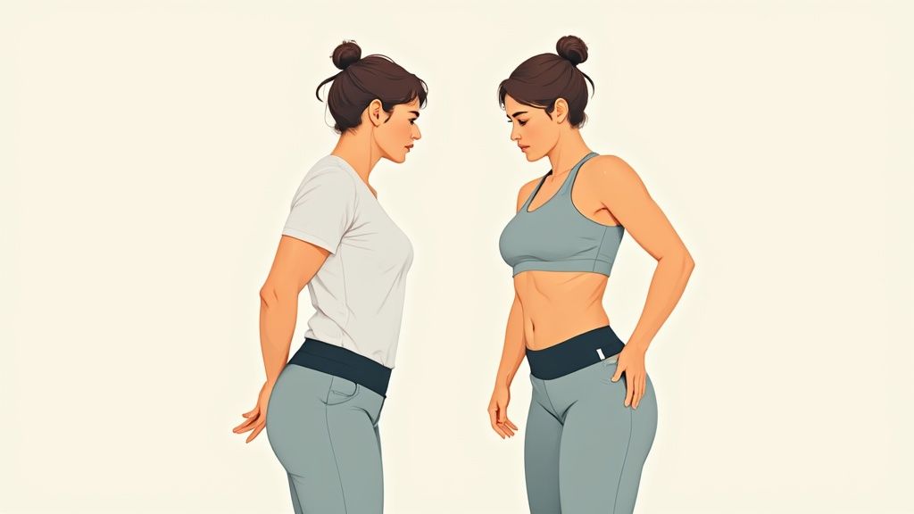 Frau betrachtet ihre Körperhaltung vorher und nachher durch gesunde Gewohnheiten und Fitness