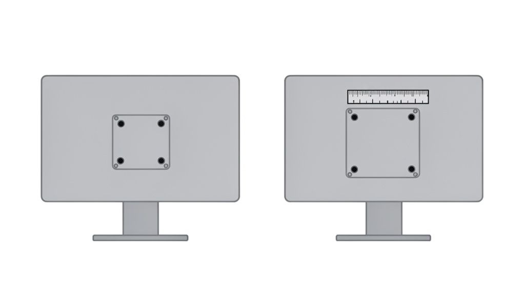 Zwei Monitor-Rückseiten mit VESA-Halterungen; der rechte Monitor zeigt eine Maßeinteilung zum Abmessen der Schraubenabstände.