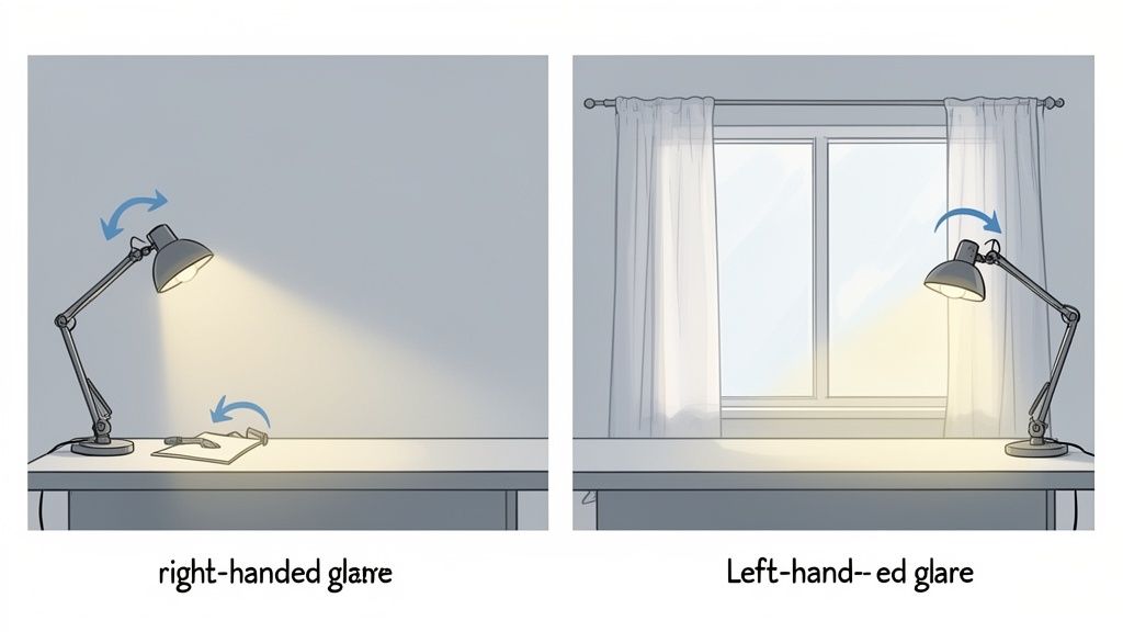 Illustration von Schreibtischbeleuchtung mit Blendung für Rechts- und Linkshänder; eine Lampe links, eine rechts.
