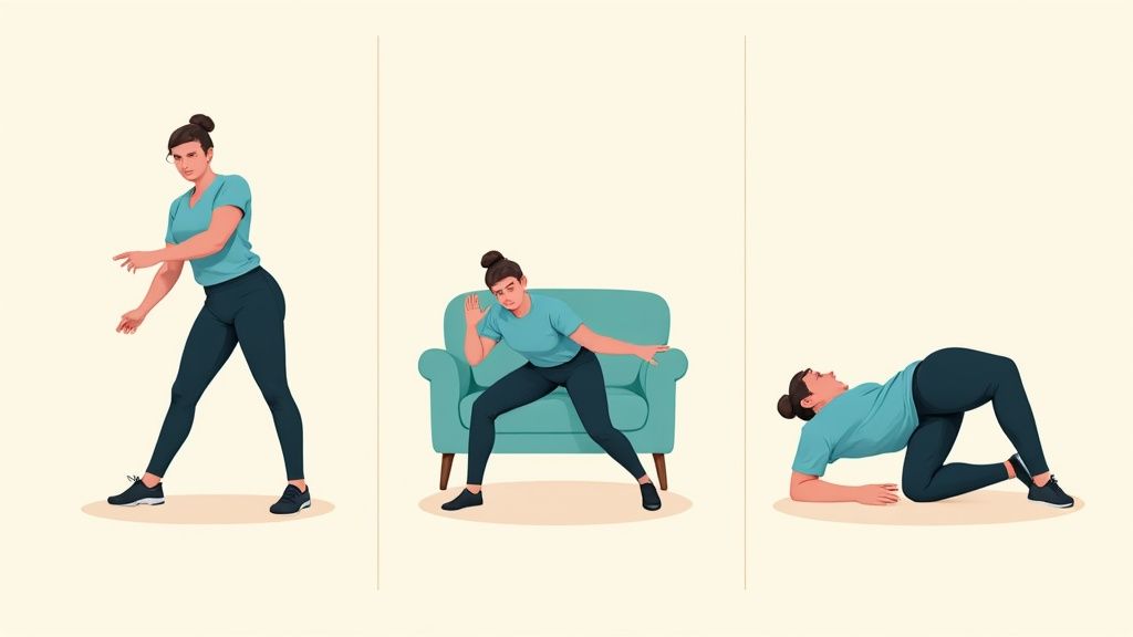 Drei Illustrationen zeigen eine Frau, die verschiedene Dehnübungen und Lockerungsübungen ausführt.