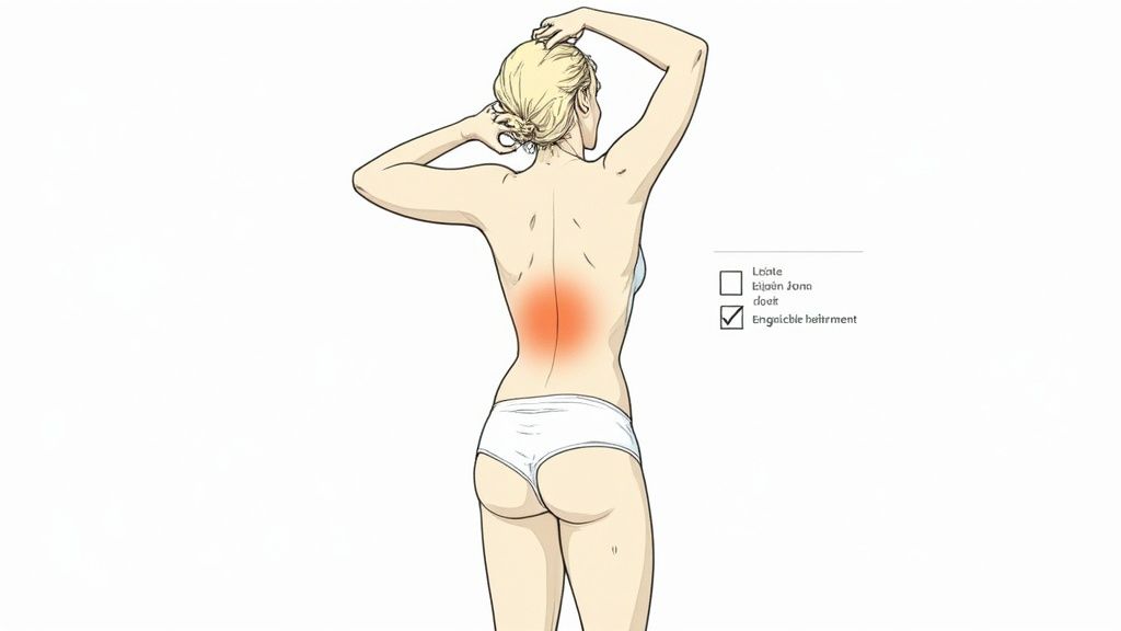 Frau von hinten mit blonden Haaren, Händen am Kopf und rotem Schmerzbereich im unteren Rücken. Eine Checkbox ist markiert.
