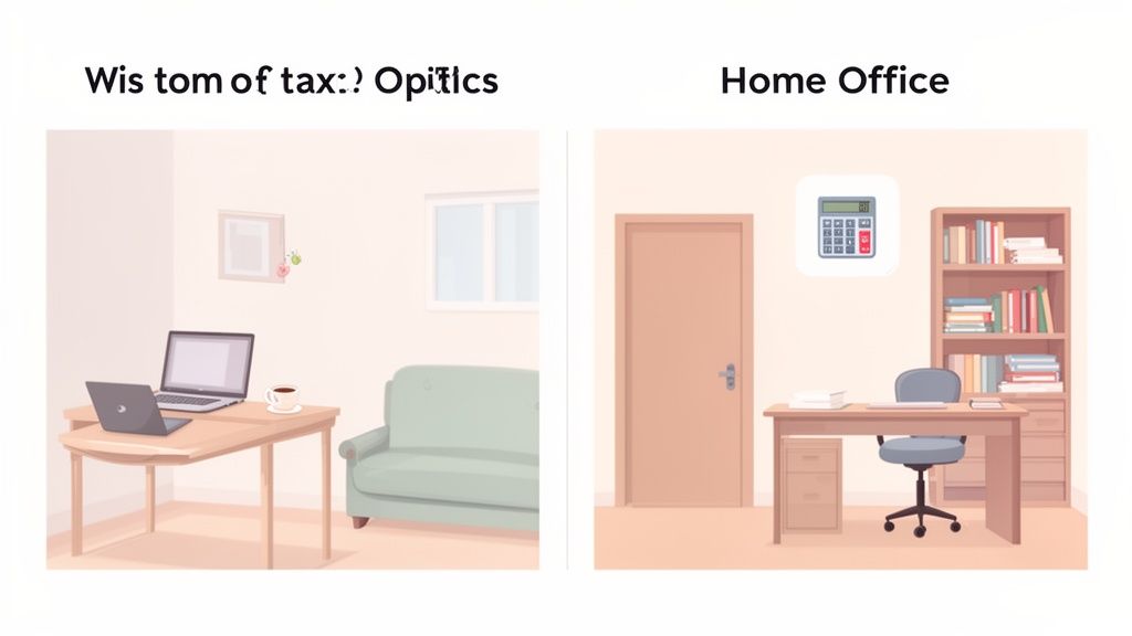Zwei Bilder zeigen links einen Wohnzimmer-Arbebeitsplatz mit Laptops und rechts ein eingerichtetes Homeoffice.