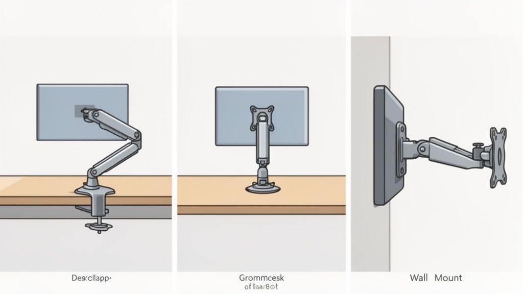 Drei verschiedene Monitorhalterungen: Tischklemme, Grommet-Montage und Wandhalterung für Bildschirme.