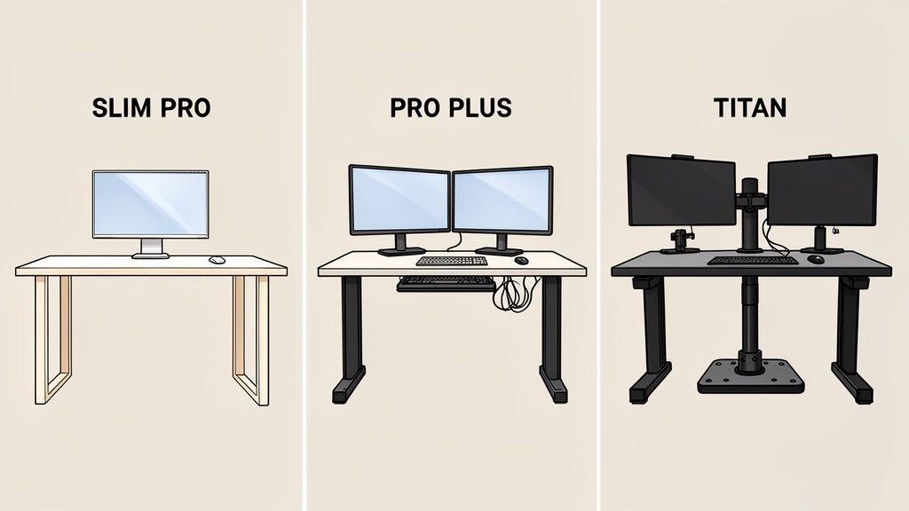 Drei verschiedene höhenverstellbare Schreibtisch-Setups: Slim Pro, Pro Plus und Titan werden gezeigt.