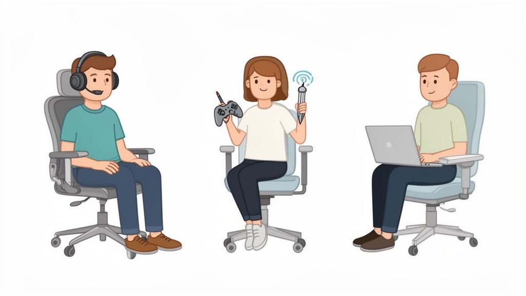 Drei Personen sitzen auf ergonomischen Bürostühlen und nutzen verschiedene digitale Geräte.