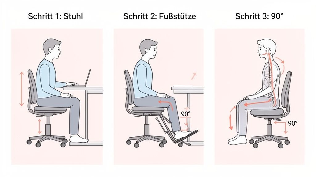 Drei Schritte zur ergonomischen Sitzposition am Schreibtisch mit Stuhl, Fußstütze und korrekten Winkeln.