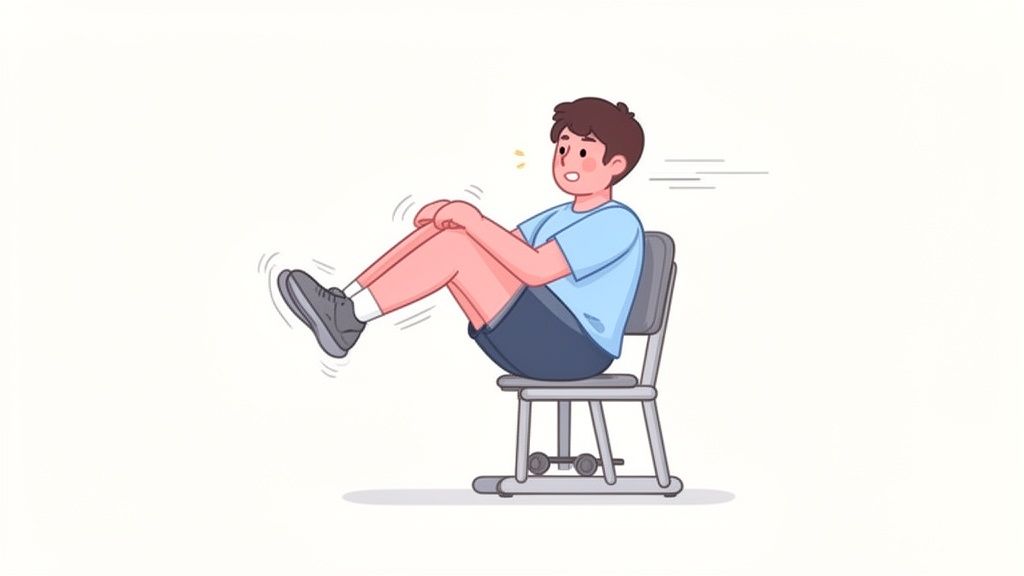 Ein Mann macht Bauchübungen im Sitzen auf einem Stuhl, indem er die Knie zur Brust zieht.