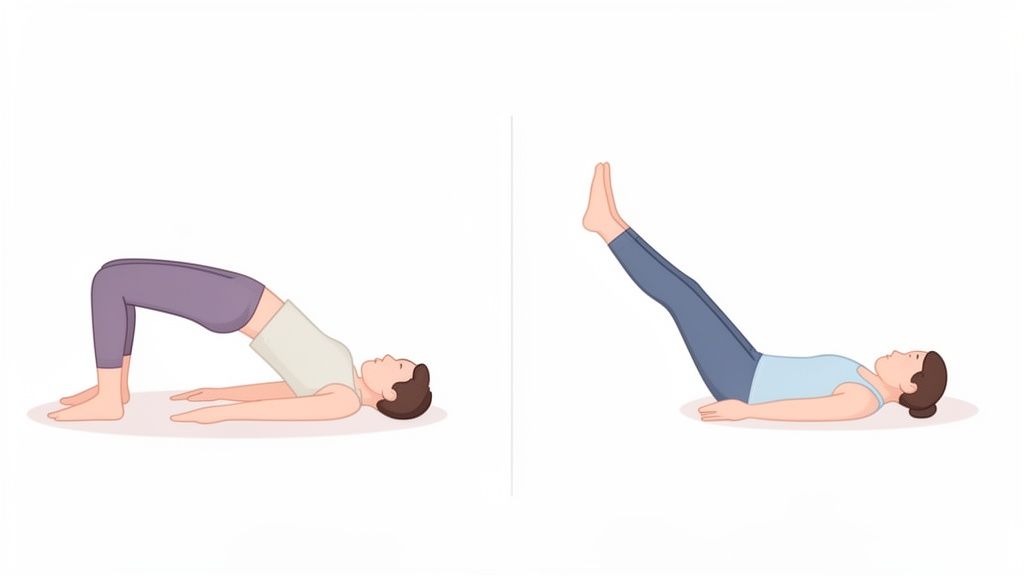 Zwei Frauen zeigen Rücken- und Beinübungen im Liegen, eine in der Brückenposition, die andere mit erhobenen Beinen.
