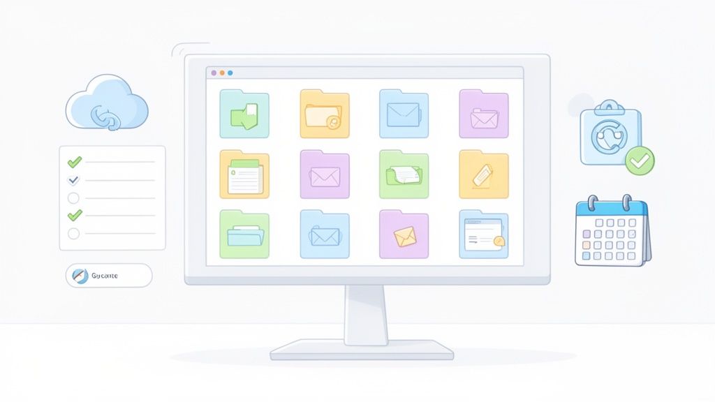 Illustration eines Monitors mit Ordnern, Cloud, To-Do-Liste und Kalender, die digitale Organisation im Büro darstellt.
