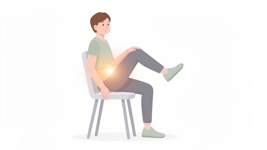 Eine Person sitzt auf einem Stuhl, hält ein Bein hoch und hat einen leuchtenden Schmerz im Hüftbereich.