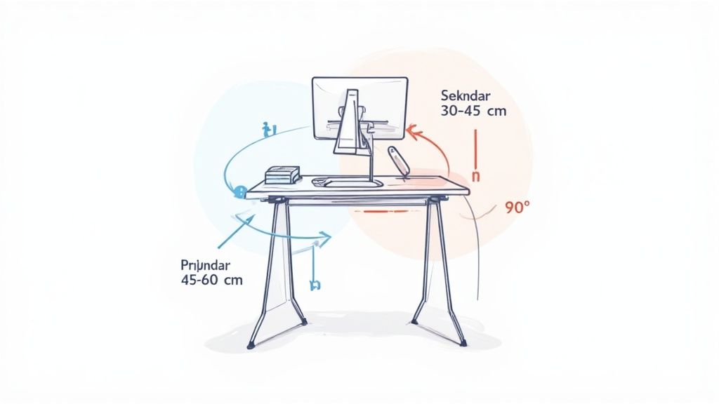 Skizze eines ergonomischen Schreibtischs mit Monitor, Tastatur, Maus und Zonen für sekundäre und primäre Reichweite.