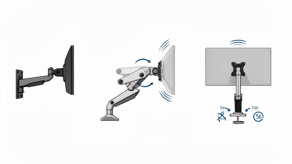 Drei verschiedene Monitorhalterungen: Wandmontage, Schwenkarm und Tischhalterung mit Neigungs- und Drehfunktionen.