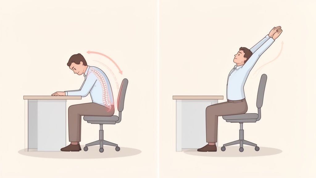 Illustration eines Mannes, der schlechte Schreibtischhaltung demonstriert und dann eine richtige Rückenstreckung am Stuhl.