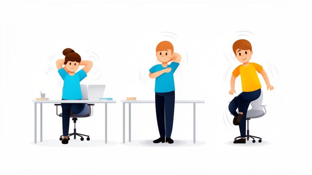 Drei Personen führen einfache Übungen am Arbeitsplatz durch, um die betriebliche Gesundheitsförderung zu unterstützen.