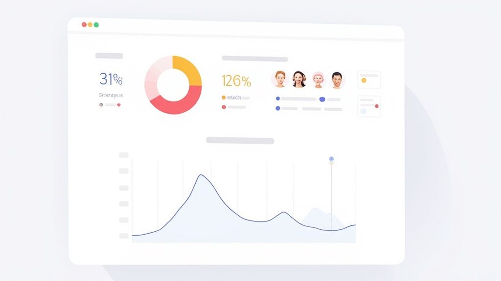 Dashboard mit Donut-Diagramm, Prozentzahlen, Benutzerprofilen und einer Kurvengrafik zur Darstellung von Daten und Trends.