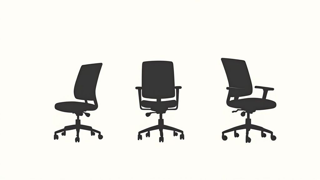 Drei ergonomische Bürostühle mit Lordosenstütze in verschiedenen Ansichten auf hellem Hintergrund