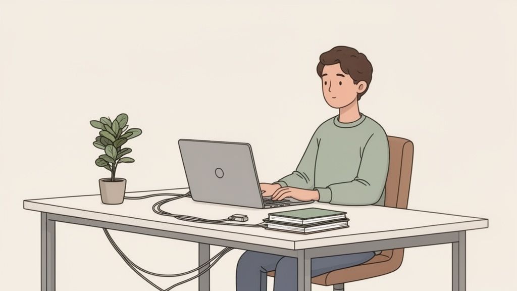 Een cartoonman zit aan een bureau, werkt op een laptop met een plant en boeken.