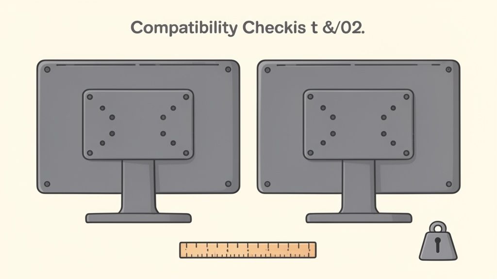 Zwei Computermonitore mit VESA-Halterungen von hinten, darunter ein Lineal und ein Schloss, zum Thema Kompatibilität.