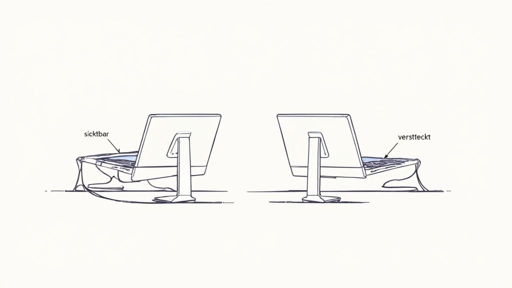 Zwei Diagramme zeigen einen Laptop auf einem Ständer. Links sind die Kabel sichtbar, rechts sind sie versteckt.