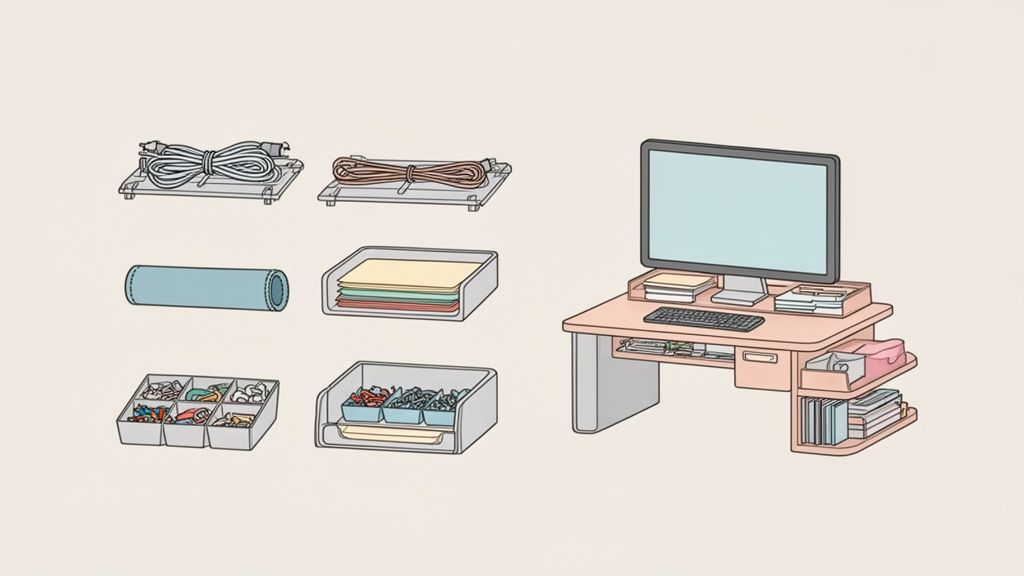 Bureau-organisatie-elementen en een opgeruimde werkplek met monitor, opbergvakken en opbergoplossingen.