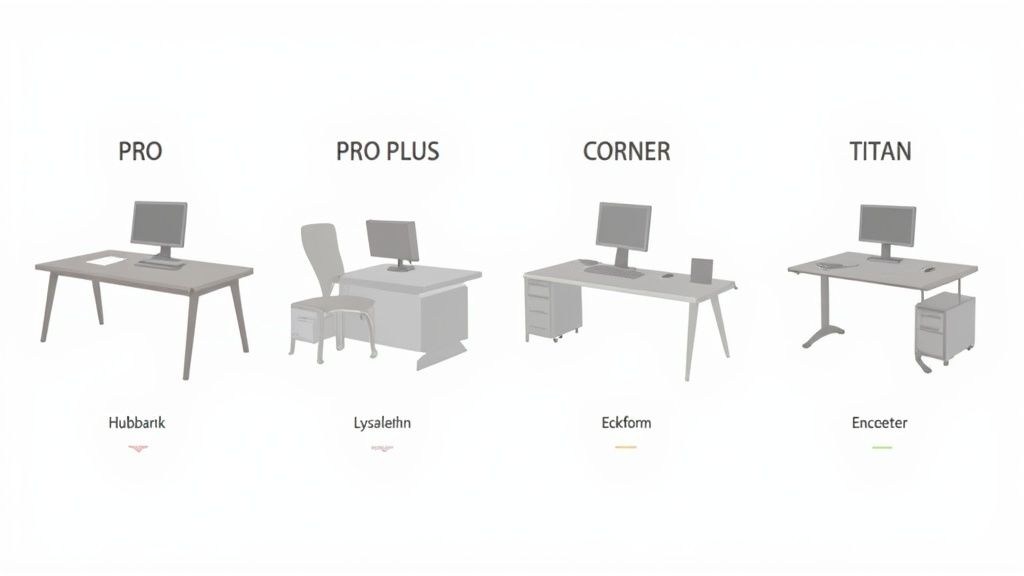 Vier verschiedene Büroschreibtisch-Modelle (PRO, PRO PLUS, CORNER, TITAN) mit Namen Hubbank, Lysalethn, Eckform, Encceter, geeignet für verschiedene Arbeitsbereiche.