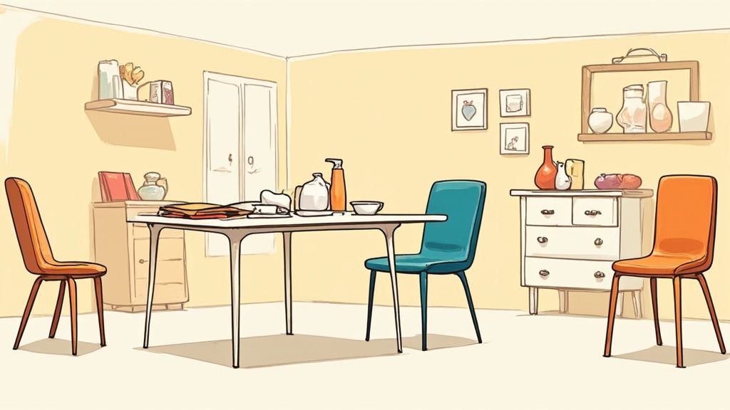 Gemütlicher Essbereich mit Tisch, bunten Stühlen und Dekoration in warmen Farbtönen