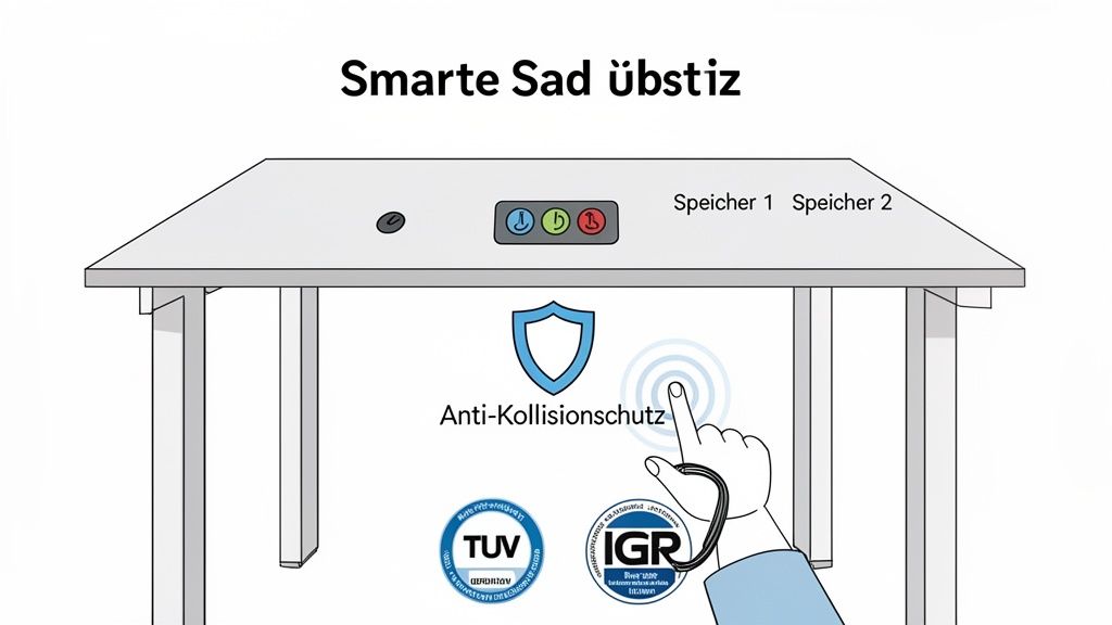 Schema van een elektrisch in hoogte verstelbare tafel met bedieningspanelen, botsingsbescherming en geheugenfuncties.