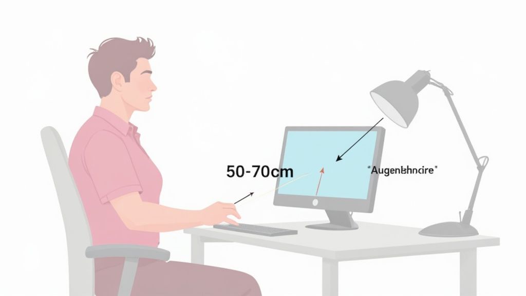 Eine Person sitzt ergonomisch korrekt am Schreibtisch vor einem Monitor mit optimalem Augenabstand und Beleuchtung.