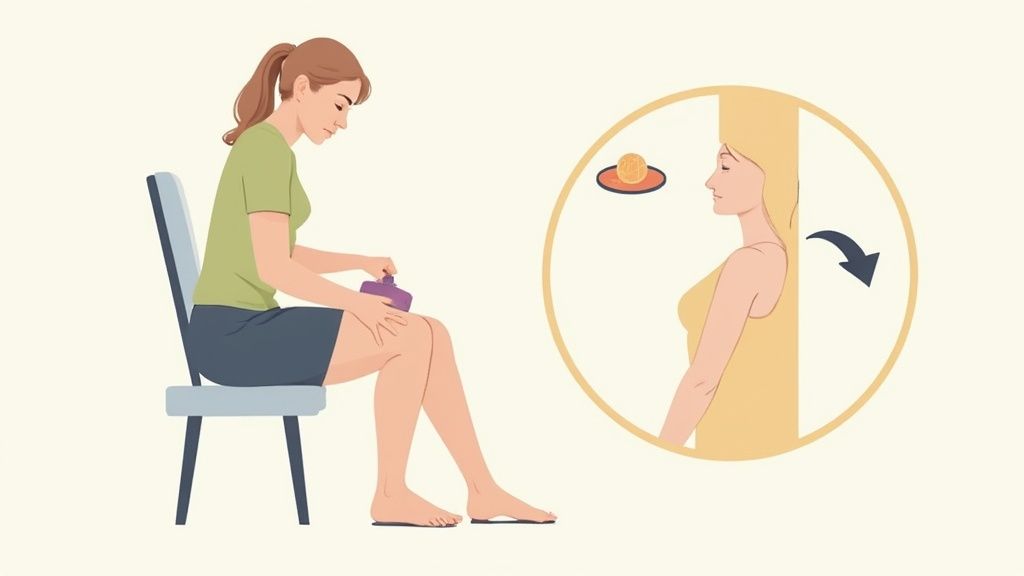 Illustration einer Frau, die ihr Bein einreibt und eine Nackenübung zur Linderung von Verspannungen macht.