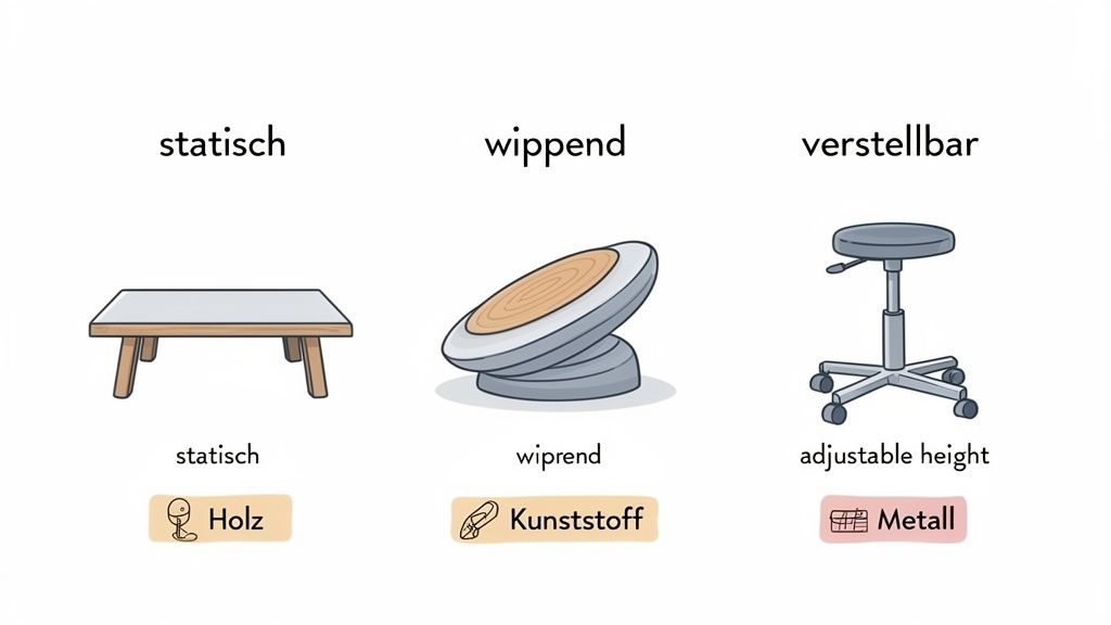 Drie verschillende voetsteunen worden getoond: een statische van hout, een wiegende van kunststof en een in hoogte verstelbare van metaal.
